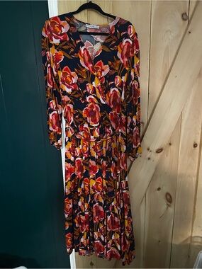 Petal & Pup Navy Floral Long Sleeve Midi Dress with Red and Pink Blooms